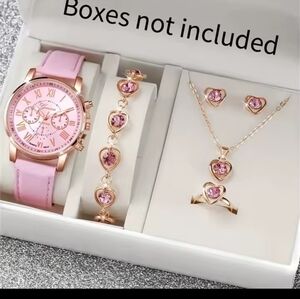 Women's Watch Earrings‎ Necklace Bracelet Set Rhinestone Hearts Pink New f76